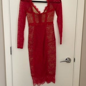 Nasty Gal XXS MIDI Red Lace Dress